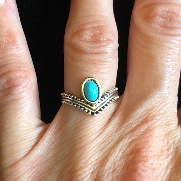 Turquoise Blue Like Color Stone and Silver Ring - Picture 1 of 6